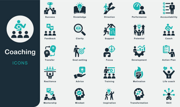ilustraciones, imágenes clip art, dibujos animados e iconos de stock de colección de iconos sólidos de coaching. que contiene motivación, formación, consejo, éxito, dirección, establecimiento de objetivos, apoyo, potencial, inspiración, coach, desarrollo, liderazgo, responsabilidad, conocimiento - mentoría