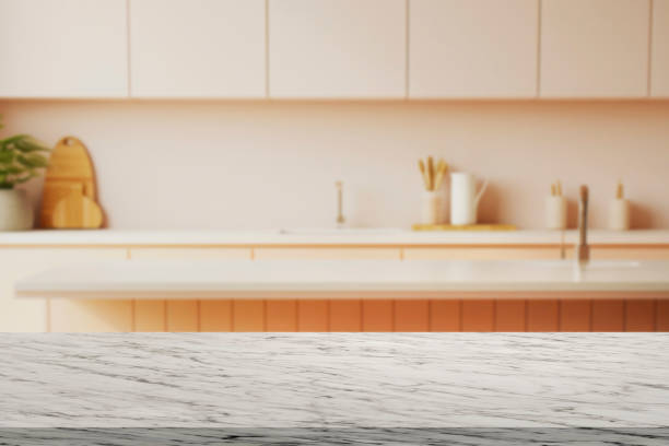 istock Kitchen table marble top shelf product presentation 3D template pastel peach 2187267380