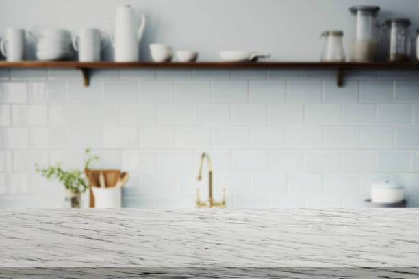 istock Kitchen table marble top shelf product presentation 3D template pastel blue 2187267381