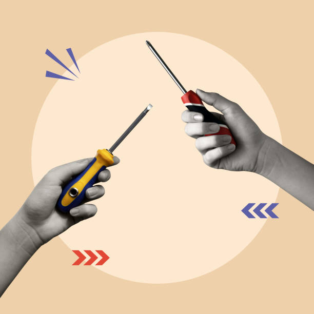istock Contemporary art collage of hands holding screwdrivers. 2187267471