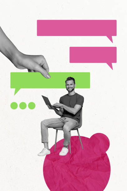 istock Collage poster template trend artwork sketch of contact speech conversation app network hand hold message young guy sit chair type laptop 2187277079