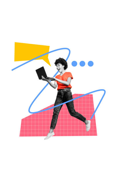 istock Vertical poster collage young woman laptop digital device internet communication speech freelancer checkered background 2187279436