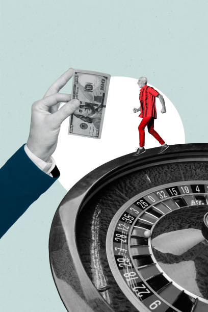 Vertical poster collage elder man step go roulette combination numbers winner prize money cash dollars hand body fragment.