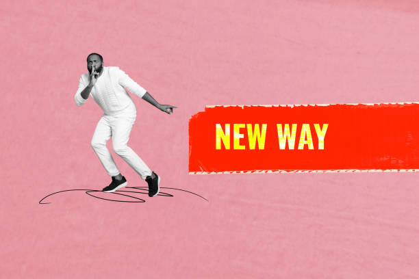 istock Composite trend artwork sketch image photo collage of new way start opening beginning business capital young guy walk finger point silence 2187279670