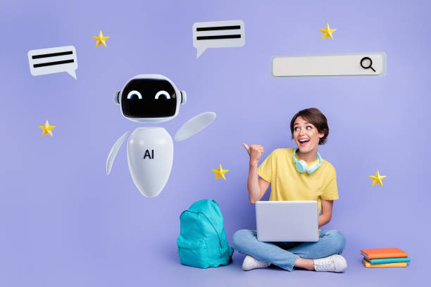 Composite trend artwork 3D sketch collage of robot assistant artificial intellect young lady stand finger hand up pose speech cloud search