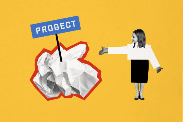 istock Composite trend artwork sketch image collage of copyspace office manager young lady stand show hand gesture huge paper ball trash project 2187282895