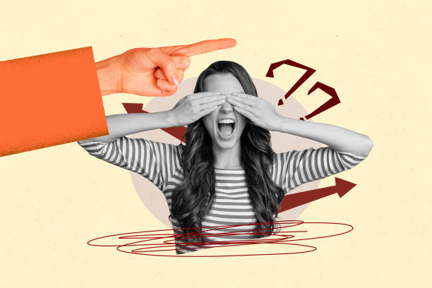 istock Creative collage picture young stressed woman finger gesture pointing question mark dilemma problem bullying abuse command 2187283426
