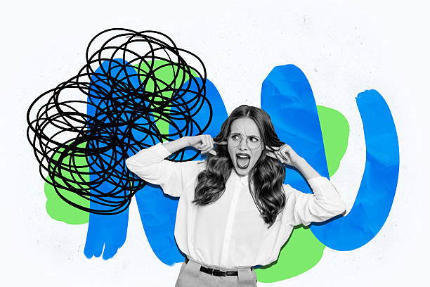 istock Composite trend artwork sketch image collage of young lady scream monochrome hand gesture cover ears suffer protection mind line mess 2187283856