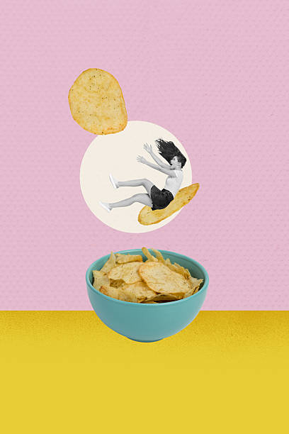 istock Composite trend artwork sketch collage of miniature young lady posing fall down huge potato flakes fry fastfood junk kitchen dish eat food 2187283875