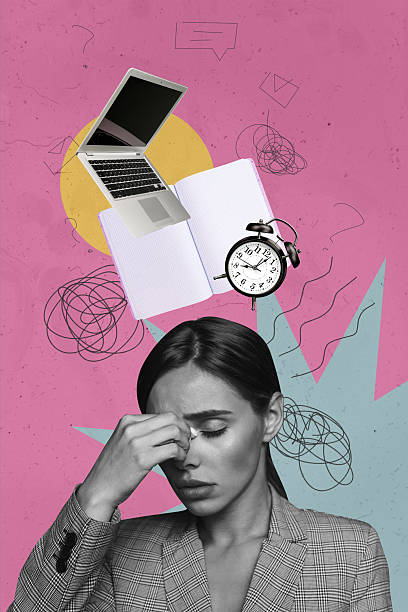 istock Creative artwork template sketch image 3D collage of overload burnout pressure young lady headache student clock deadline laptop copybook 2187283896