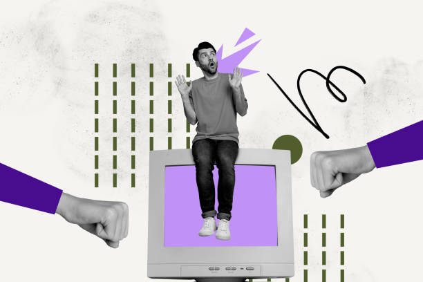 istock Collage young man computer digital device screen cyberbullying harassment abuse offense victim panic shocked stressed man fist punch 2187284194