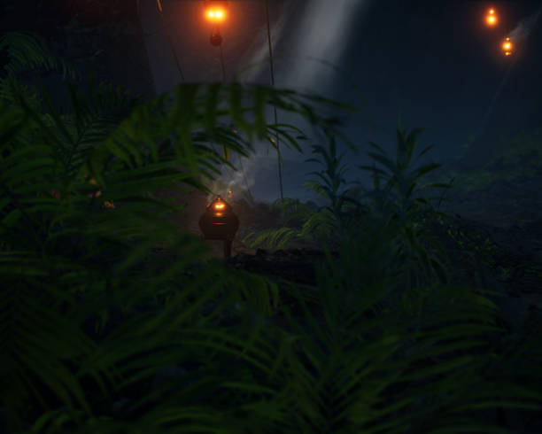 istock Ancient ruin of roman cave with vegetation and illuminated lanterns with smoke. 3D render. 2187284477