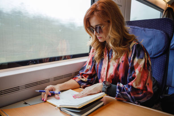 istock Beautiful woman with sunglasses riding train by day, going to work and reading her notes 2187286110