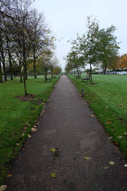 istock Green public park with wooden bench on both sides 2187304467