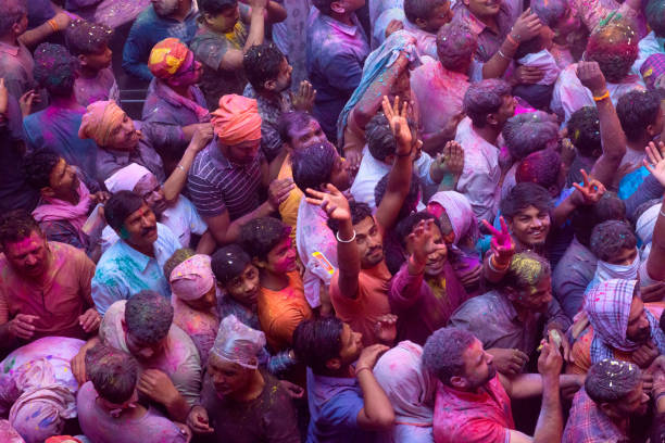 Mathura, India - March 5, 2019: Holi celebrations at the Bankey Bihari Temple