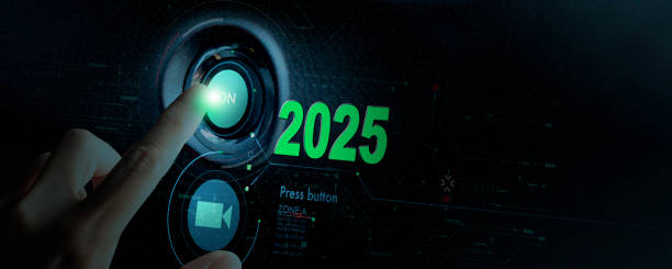 Finger Pressing Start Button for 2025 in Futuristic Digital Interface