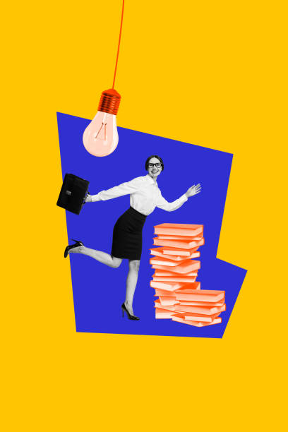 istock Vertical poster collage young businesswoman book stack pile education knowledge lightbulb lamp suitcase diplomat agent drawing background 2187311836