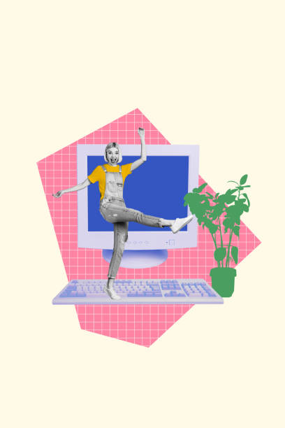 istock Vertical collage picture young cheerful woman computer digital device houseplant user modern technology media internet keyboard 2187312782