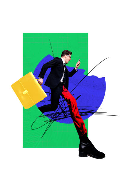 istock Creative artwork template sketch image 3D collage of young guy businessman run late deadline watch cloud suitcase huge leg wear shoes 2187313361