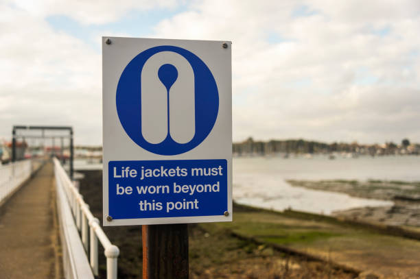 Life Jackets must be worn beyond this point warning sign by the sea.