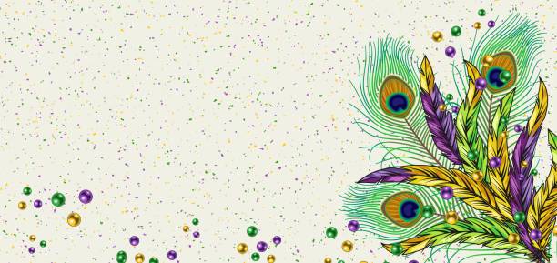 Horizontal white carnival banner, poster with empty copy space, scattered beads, bunch of colorful feathers right. White speckled background. Ticket, invitation design for Mardi Gras carnival, party
