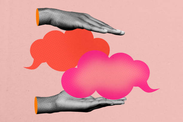 istock Composite photo collage of hands hold cloud speech together palms phrase conversation phrase social media isolated on painted background 2187314757