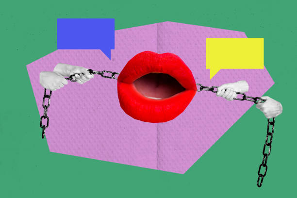 istock Composite sketch image design trend artwork collage of weird picture huge faceless mouth speech cloud message chain hand hold pull 2187314923