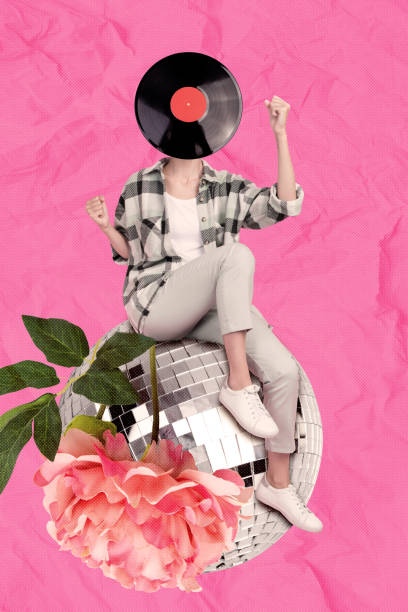 istock Vertical creative collage faceless anonymous lady vintage vinyl plate music record dancehall sit discoball isolated on magenta background 2187315972