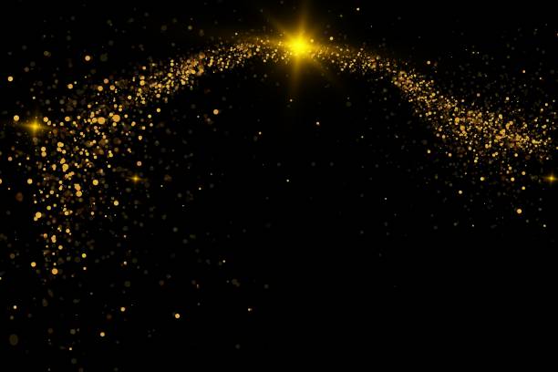 istock Golden light trails, light in motion, glowing speed lines with sparkles. Bright gold decoration, luminescent swirls isolated on black background. Vector illustration. 2187316279
