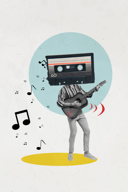 istock Vertical photo collage of anonym guy instead head retro cassette disk play guitar performance note melody isolated on painted background 2187317091