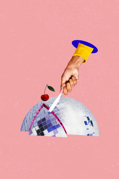 istock Composite trend artwork sketch image collage of carefree discotheque hand hold knife take piece cake discoball dance funky nightclub cook 2187317440