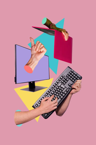 istock Vertical poster collage computer equipment keyboard laptop digital device gadget guitar player instrument buttons keypad monitor 2187317545