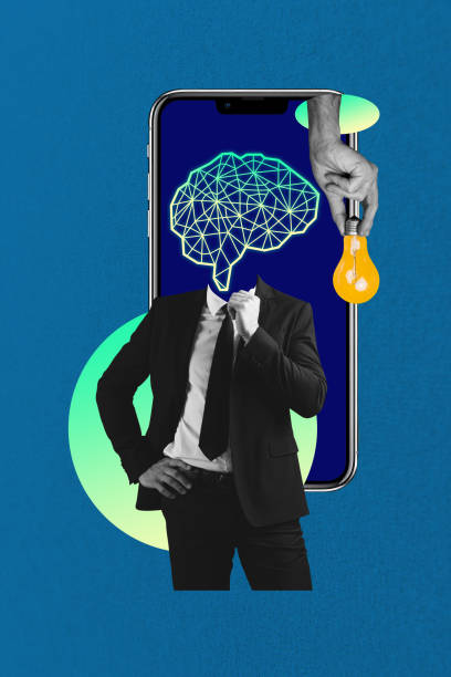 istock Vertical photo collage of anonym guy instead head brain organ artificial intelligence app phone light bulb isolated on painted background 2187317693