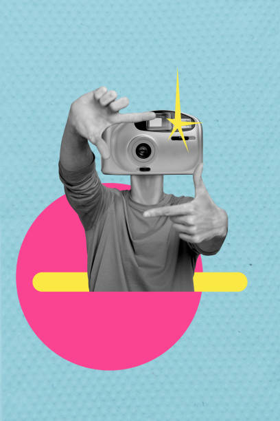 istock Vertical photo collage of anonym man instead head retro instant camera flash cadre hands focus gesture frame isolated on painted background 2187317827