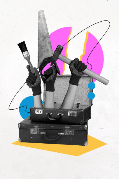 Vertical collage hands body fragments suitcases master tools renovation repair fix hacksaw hammer paintbrush instruments drawing background.