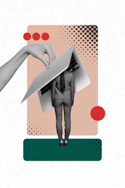 istock Vertical poster collage young businesswoman laptop digital device web keyboard user internet online hand body remote job freelancer 2187317867