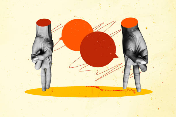 istock Composite photo collage of two hands stand fingers bubble communication copyspace cloud talk chatting isolated on painted background 2187318646