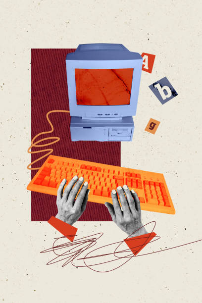 istock Composite sketch image design trend artwork collage of hand wrist finger manicure type write keyboard computer monitor obsolete display 2187318662