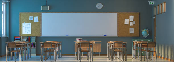 Deserted classroom with whiteboard and wooden desks