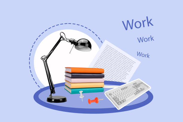 Composite photo collage of workplace office tool led light lamp book stack education paper sheet page keypad isolated on painted background.