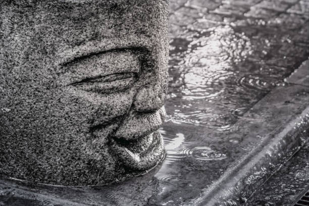 A close-up of a stone sculpture of a smiling face, partially submerged in a puddle of rainwater. Abstract, minimalism, and nature are the main themes of this image. Taiwan.
