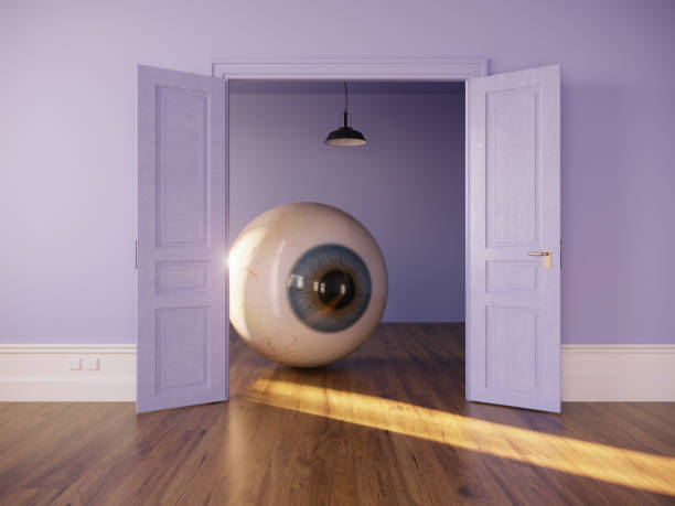 Giant eye at home interior Giant blue eye looking through doorway at home. (3d render) visual sense stock pictures, royalty-free photos & images