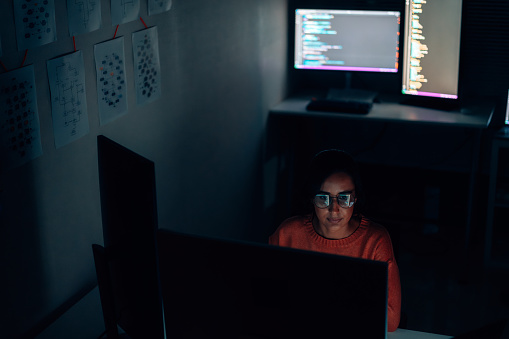 Latin Coder Hispanic Latin Female Programmer Coding At Night In A Hightech ...