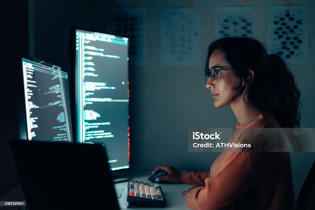 Latin Coder Hispanic Latin Female Programmer Coding At Night In A Hightech ...