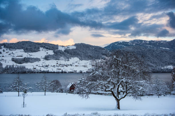 istock Snowy Lake View with Mountains and Winter Trees 2187331723