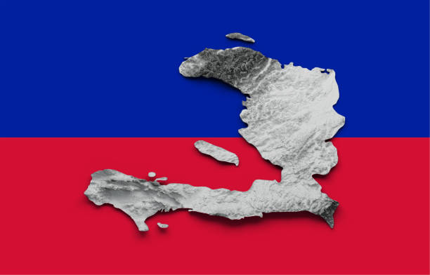 Haiti Map white Shaded relief Color Height map on Flag Background 3d illustration\nSource Map Data: tangrams.github.io/heightmapper/,\nSoftware Cinema 4d