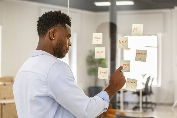 istock A man works on individual brainstorming on sticky notes in a modern office during the day. 2187338910