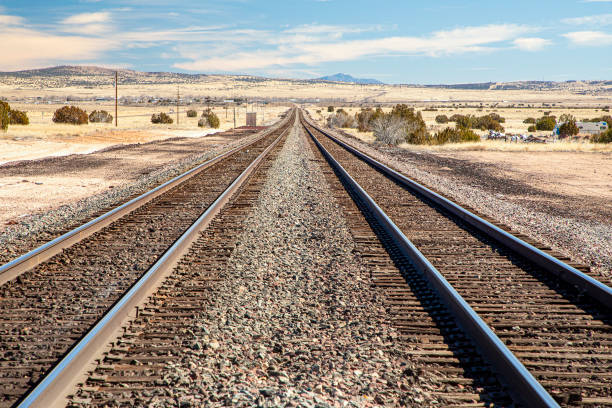 istock Twin BNSF railway tracks near Seligman, Arizona 2187345204