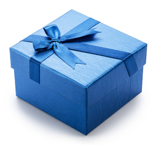 istock Blue gift box with satin bow, top view, isolated on white background. File contains clipping path. 2187346121