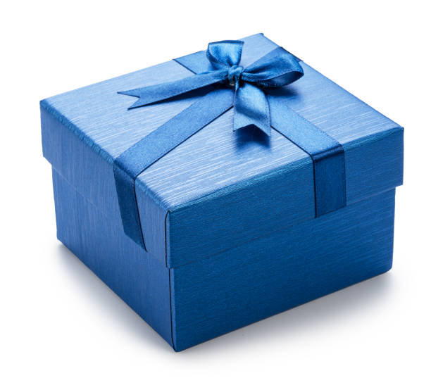 istock Blue gift box with satin bow, top view, isolated on white background. File contains clipping path. 2187346124